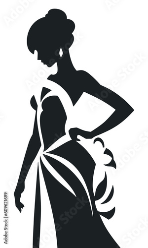 Woman in long evening dress, isolated vector silhouette