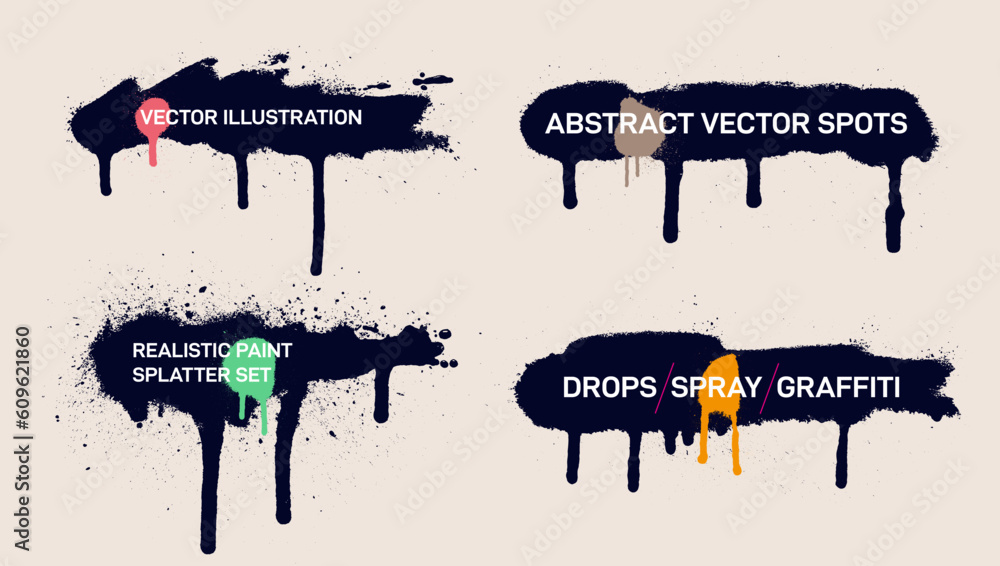 Set of black, color realistic paint frames for text. Spray paint