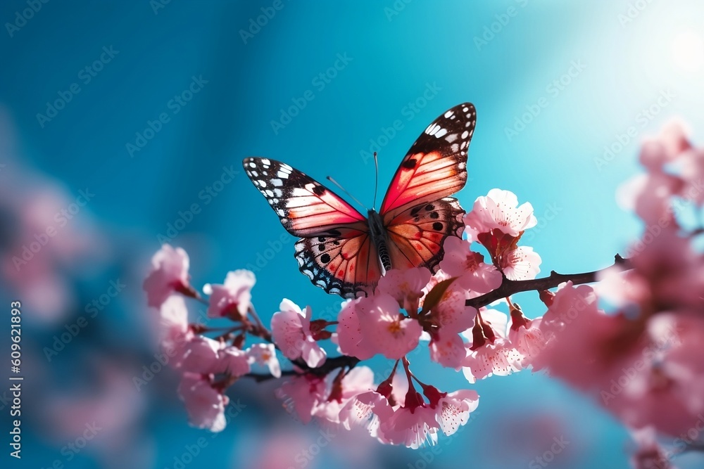 A butterfly sits on a branch of a flowering tree. Generative AI. A butterfly sits on a branch of a flowering tree. Generative AI.