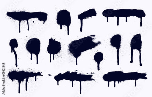 Spray painted texture set. Paint splatter dots black  graffiti drips  sprayed paints. Street art print  vandalism paint circle splat spot grunge silhouette. Template vector symbols.