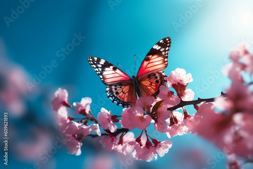 A butterfly sits on a branch of a flowering tree. Generative AI. © D