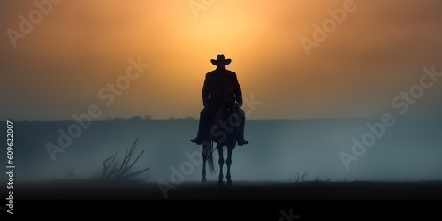 AI Generated. AI Generative. Wild west western native amrican cowboy texas lanscape adventure vibe. Fog mist morning. Graphic Art