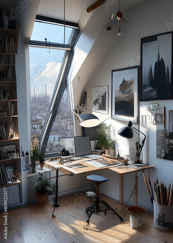 all room view setup of artist studio apartemet , painter difital focus on center wacom citiq V1 photo