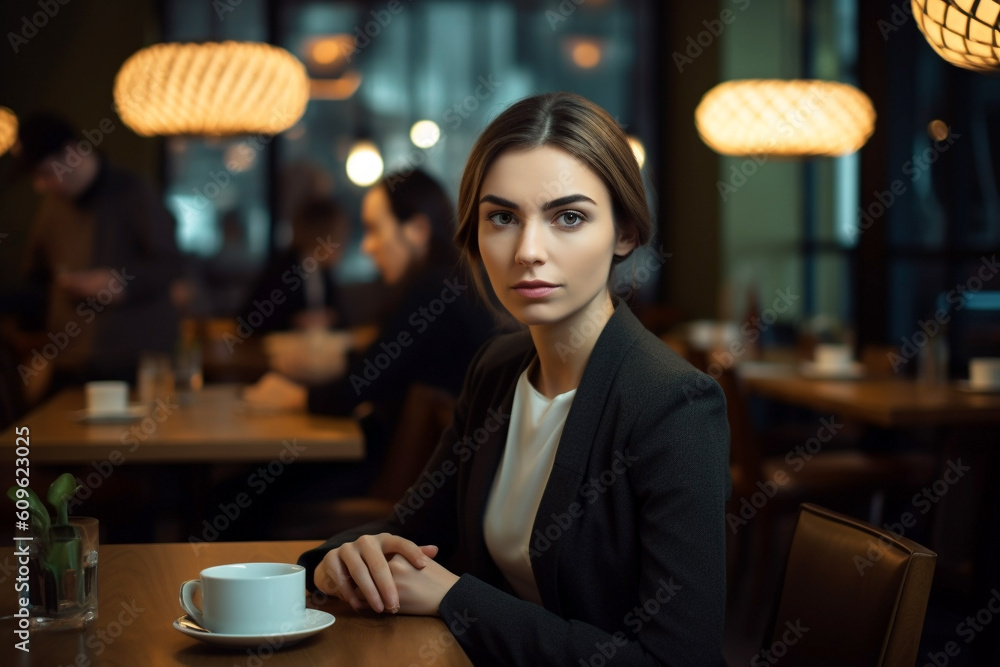 A confident business woman sitting at a table waiting for a meeting. Developed with generative ai