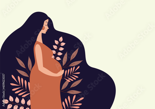 Beautiful pregnant woman banner with copy space, concept of pregnancy, family, parenthood. Vector flat illustration. Pink background. Motherhood, maternity, babies and pregnant woman