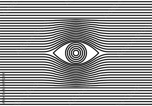 Human eye. Artistic eye optical illusion with wavy line pattern background vector illustration. All-seeing eye surreal. Black and white optical illusion with eye modern abstraction