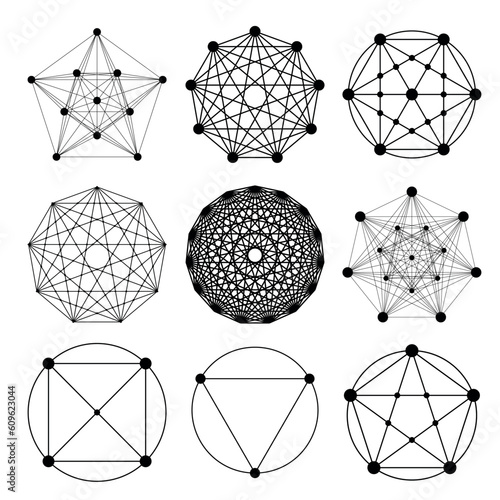 Set of geometric tattoo icons. Set of nine symbols of sacred geometry. Linear character illustration for tattoo white background