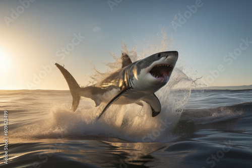 A great white shark leaping out of the ocean creates a powerful image of apex predator in action. This marine shot in blue tones is perfect for wildlife and conservation themes. AI Generative.