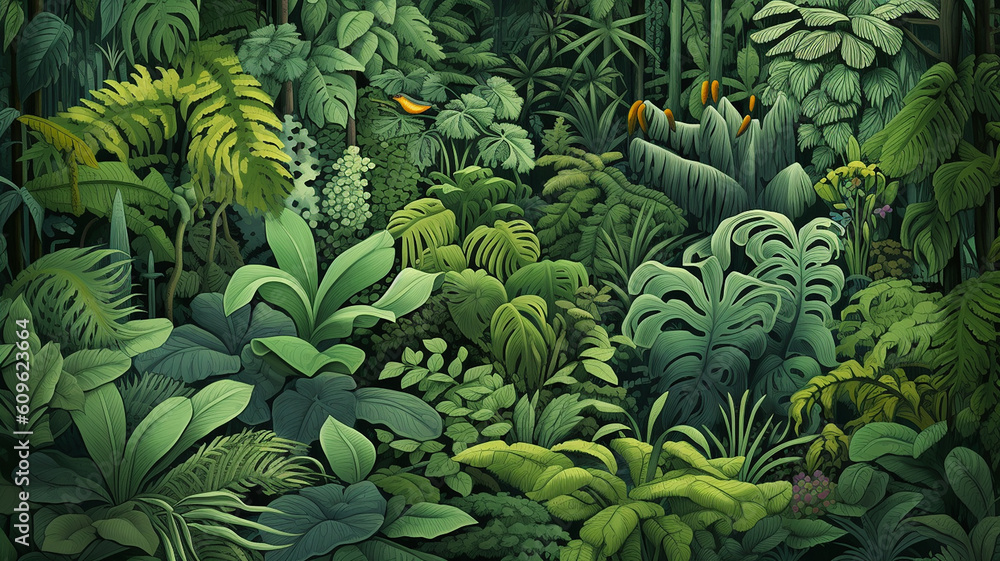 Fototapeta premium Wallpapermotiv im Dschungellook. Grüne Blätter, tropische Bumen, etc. 