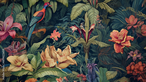 Wallpapermotiv im Dschungellook. Grüne Blätter, tropische Bumen, Vögel, etc.
