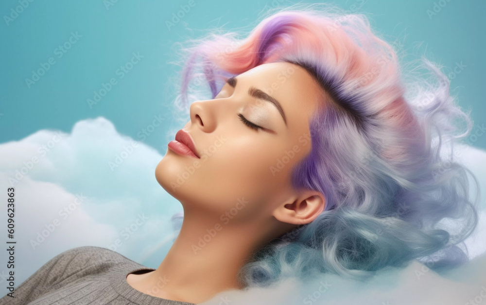 Young woman with colorful dyed hair sleeping and dreaming in clouds, close up, Generative AI