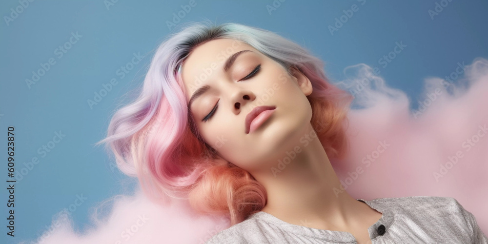 Young woman with colorful dyed hair sleeping and dreaming in pink clouds, close up, Generative AI Young woman with colorful dyed hair sleeping and dreaming in pink clouds, close up, Generative AI