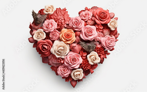 heart shaped rose bouquet  Vintage flowers and delicate rose leaves form a romantic heart vignette.   Generative AI