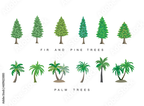 collection of pine, fir, spruce and palm trees vector in cartoon style