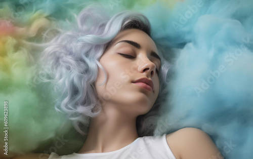 Young woman with colorful dyed hair sleeping and dreaming in clouds, close up, Generative AI