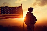 us soldier with flagg of the united states of america, sunset sky, memorial day, fourth of july concept image