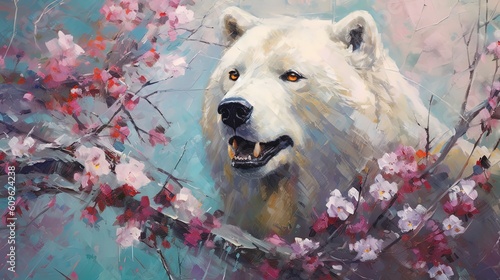 Fototapeta ilustracja artystyczna przedstawiająca uroczego białego niedźwiedzia w atmosferze kwitnących kwiatów, Generatywna AI