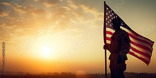 us soldier with flagg of the united states of america, sunset sky, memorial day, fourth of july concept image photo