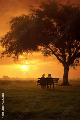 Älteres Paar mit weißen Haaren, Händchen haltend, sitzt auf einer Bank unter einem großen Baum auf einer Wiese im Nachglühen der untergehenden Sonne