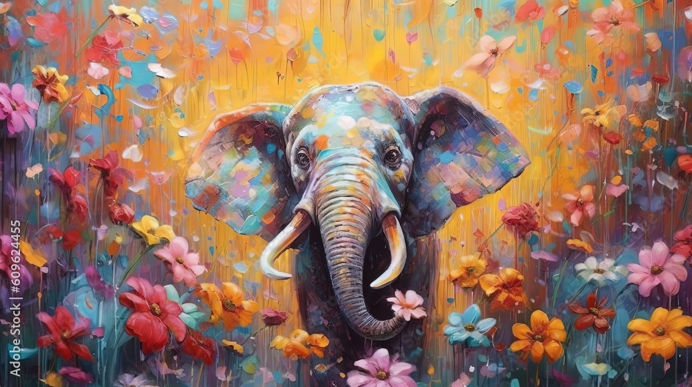 art illustration of cute elephant in flower blossom atmosphere, Generative Ai