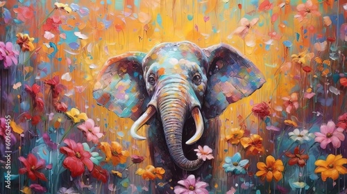 art illustration of cute elephant in flower blossom atmosphere, Generative Ai © QuietWord