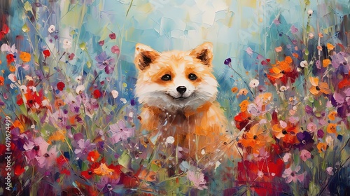 Fototapeta ilustracja artystyczna, uroczy lis w otoczeniu kwiatów, wygenerowana przez AI