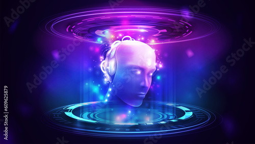 Blue and pink digital podium with hologram digital rings in dark room with artificial Intelligence computer database concept with neural network in form of cybernetic face inside podium