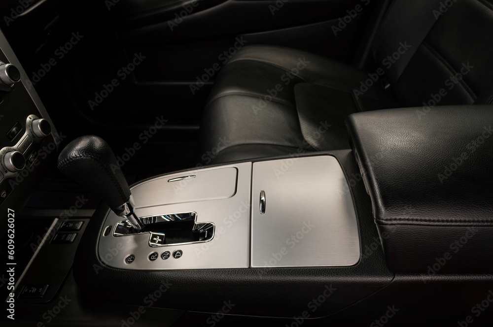 Automatic transmission. Close up detail of car interior.
