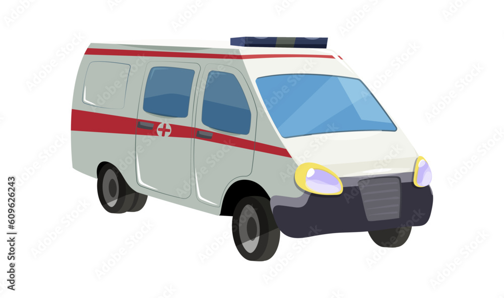 Red white ambulance van. Medicine paramedic vehicle. City hospital fast service concept. Urban utility transport. Municipal health care service. Vector illustration
