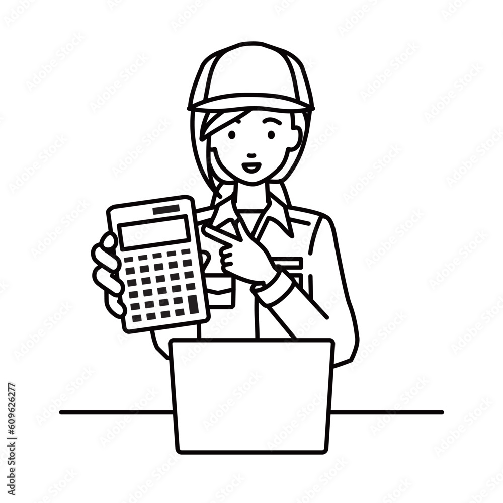 座ってデスクでノートPCを開いて電卓を指差してこちらに向けて見せている作業員の女性 座ってデスクでノートPCを開いて電卓を指差してこちらに向けて見せている作業員の女性