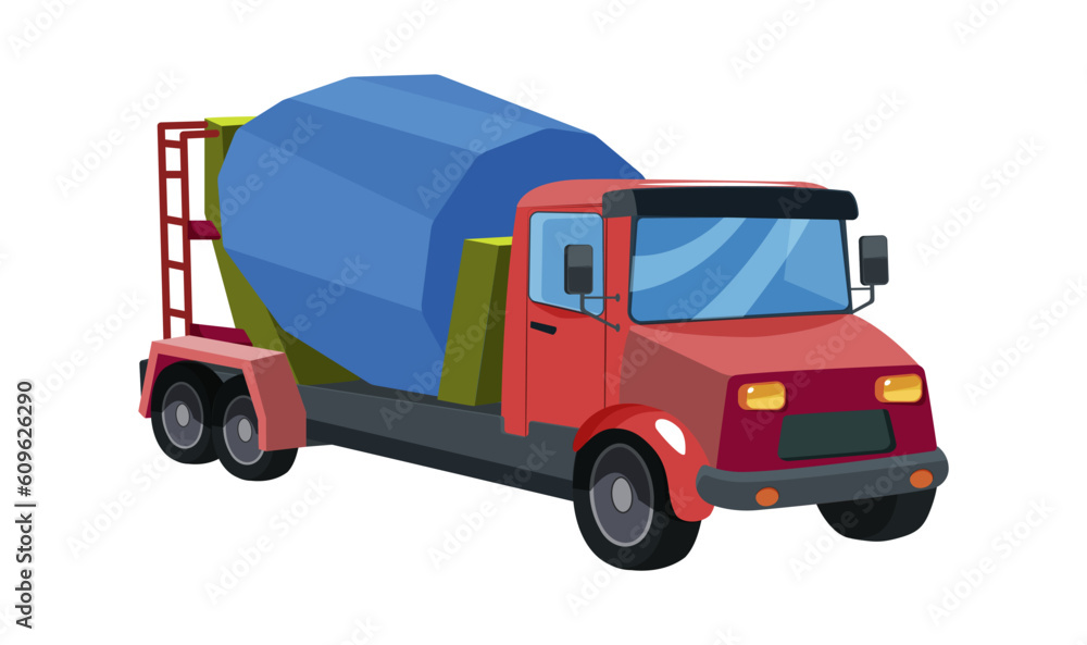 Colorful concrete mixer truck kids toy isolated on white background. City utility vehicle in cartoon flat style. Urban construction heavy industrial equipment. Cement blender. Vector illustration Colorful concrete mixer truck kids toy isolated on white background. City utility vehicle in cartoon flat style. Urban construction heavy industrial equipment. Cement blender. Vector illustration