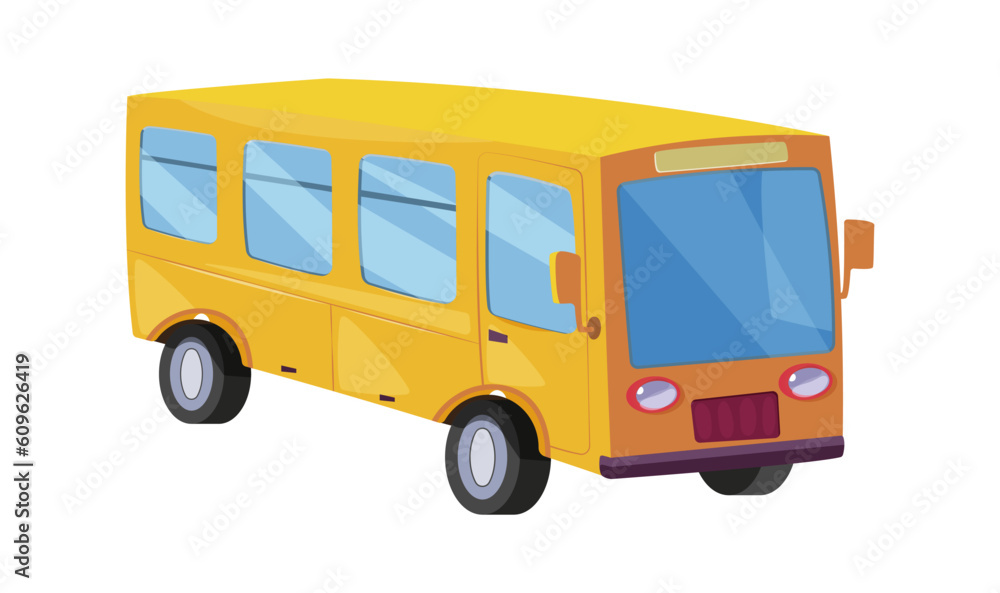 Yellow school bus icon isolated on white background. Side view on wheels and windows. Back to school concept. Public vehicle for transportation children. Vector illustration