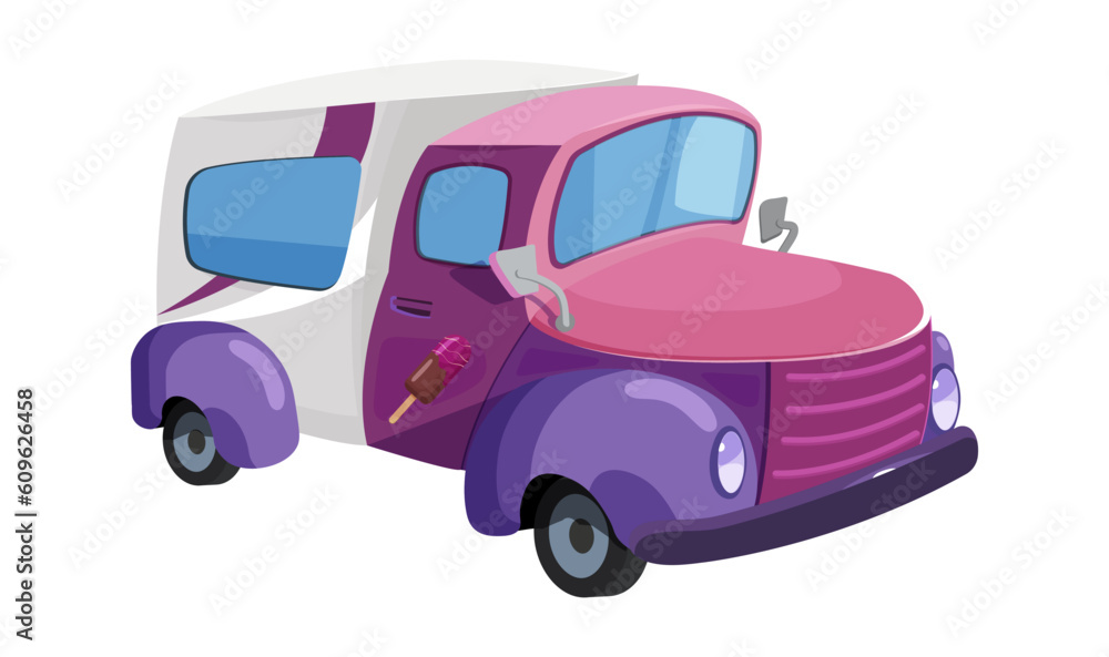 Ice cream van, pink car isolated on white background. City delicious food. Truck with eskimo in cartoon flat style. Urban transport with sweet and tasty dessert. Vector illustration