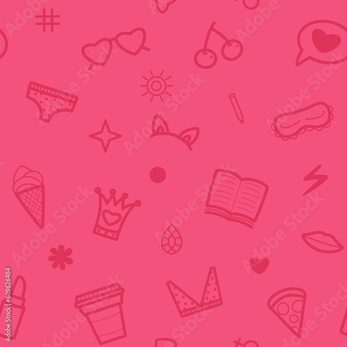 Hand drawn pattern on the theme of womens and girls. Background for use in design, packing, textile, fabric. Girlish barbiecore allover print
