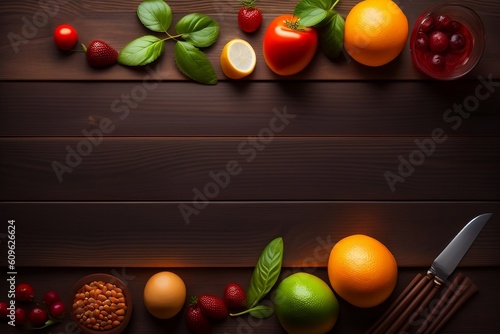a black board surrounded by various fruits and vegetables