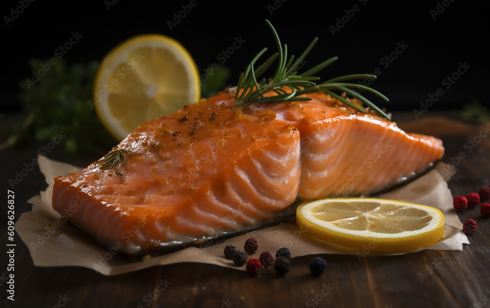 Salmon steak with lemon. Generative AI technology. Salmon steak with lemon. Generative AI technology.