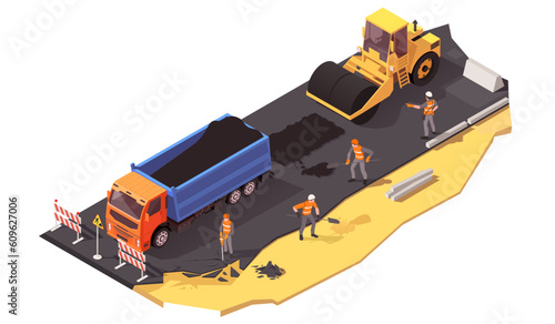 Yellow steamroller for paving asphalt. Road work in 3d isometric scene. Road roller and lorry truck. Asphalting machine with workers on highway. Road pavement improvement. Vector illustration