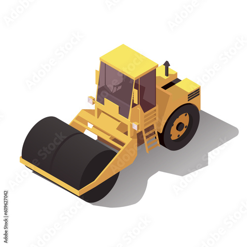 Yellow steamroller for paving asphalt. Road working roller truck. Asphalting machine 3d isometric design. Road pavement improvement on highway. Vector illustration