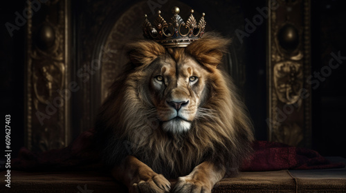 King of animals Lion in crown created with generative AI technology