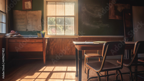 Empty classroom with sunlight filtering in through window. Generative AI © Adrian