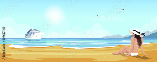 Woman in white hat and bikini relax on sea sandy beach on island. Summer seaside blue ocean scenic view. Large cruise ship on background. Holiday vacation sea travel leisure trip. Vector illustration