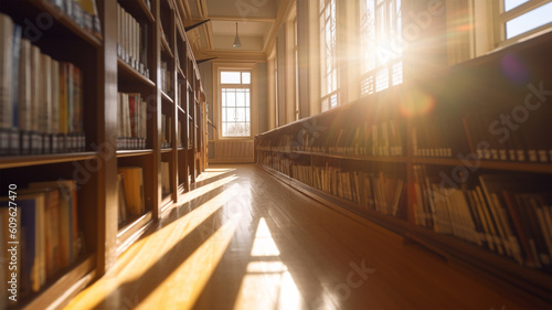 Old library aisle with books on shelves. Sunlight through window. Generative AI