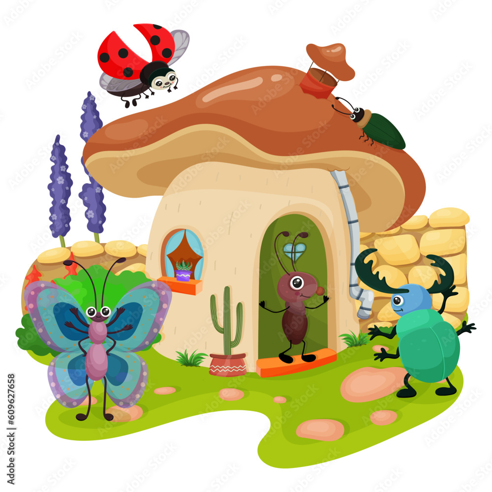 Obraz premium Fantasy fairy tale about forest friends in mushroom house. Children friendship in fairytale muravey, butterfly and beetle characters. Magic picture for kids education and reading. Vector illustration