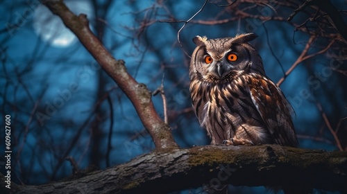Owl on the tree branch under moonlight mysterious vibe sinister. Generated AI