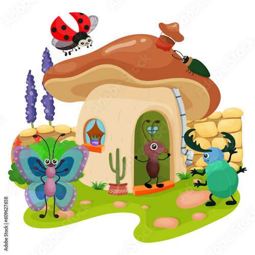 Fantasy fairy tale about forest friends in mushroom house. Children friendship in fairytale muravey  butterfly and beetle characters. Magic picture for kids education and reading. Vector illustration