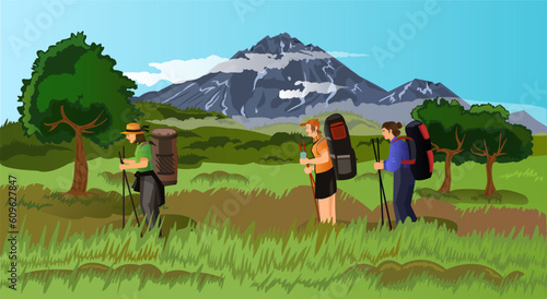 Hiking trip at beautiful nature with green grass landscape, meadow and mountains on background. Journey to mountains with touristic equipment. Valley with rock hill for wallpaper. Vector illustration