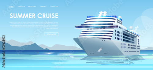 White cruise ship at blue ocean or sea. Pacific or atlantic ocean voyage. Summer travel agency booking tickets concept. Poster with marine landscape. Seascape background with ship. Vector illustration