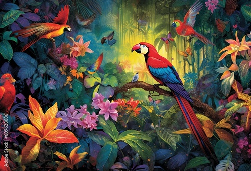 Realistic collection of beautiful exotic tropical birds vector macaw, parrot, toucan, strelitzia, hibiscus flower.