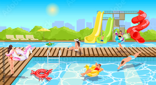 Happy people enjoy waterpark. Summer time vacation in swimming pool, water park landscape. Family activity. People slides pipes, kids playing and swim on inflatable circle animal. Vector illustration