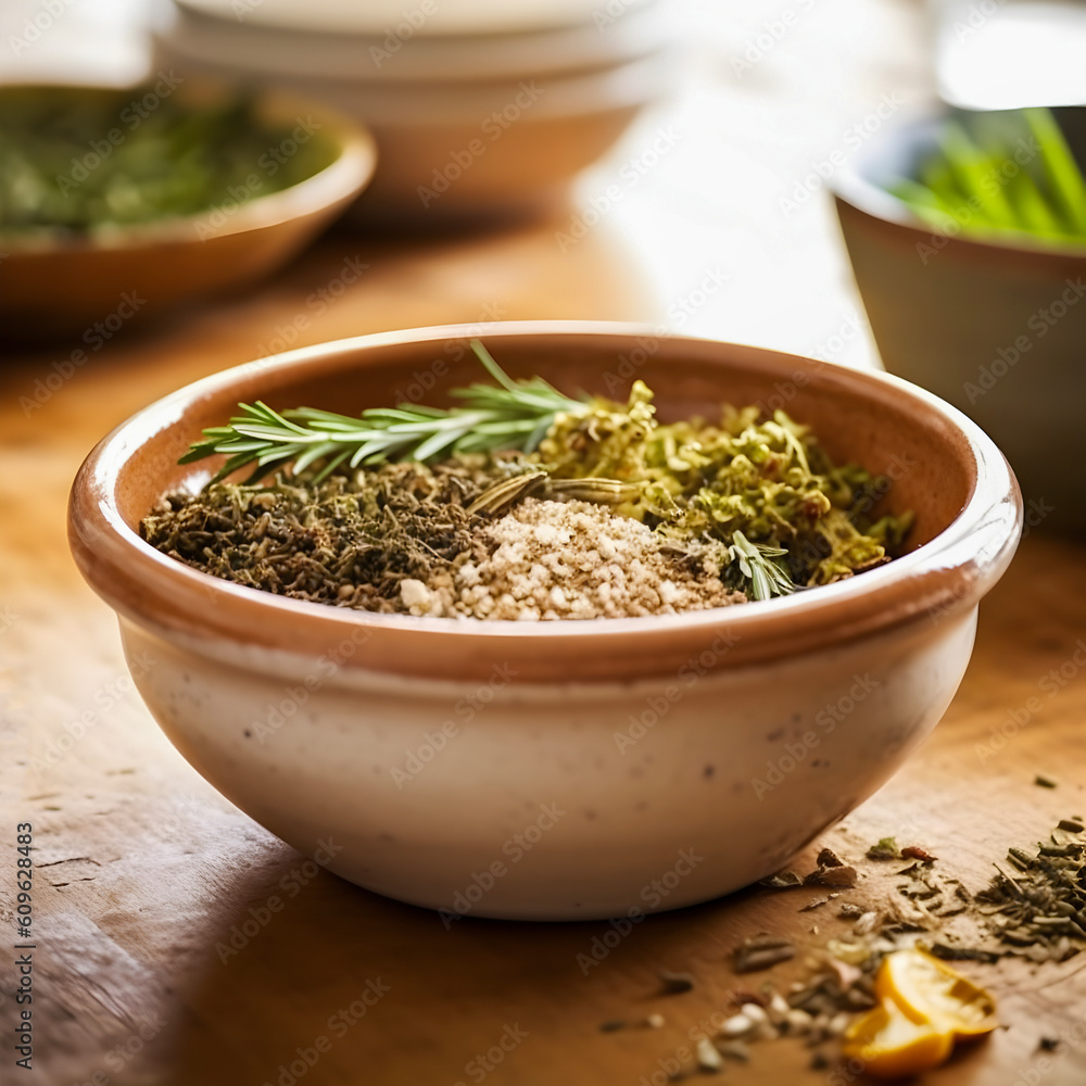 A mixture of spices and a sprig of rosemary in a rustic clay bowl. Selective focus. AI generated A mixture of spices and a sprig of rosemary in a rustic clay bowl. Selective focus. AI generated